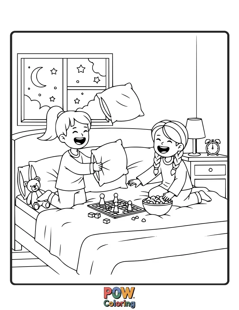 Free coloring page of Two adorable sisters, giggling in comfy pajamas, surrounded by pillows and toys for a cozy coloring adventure.