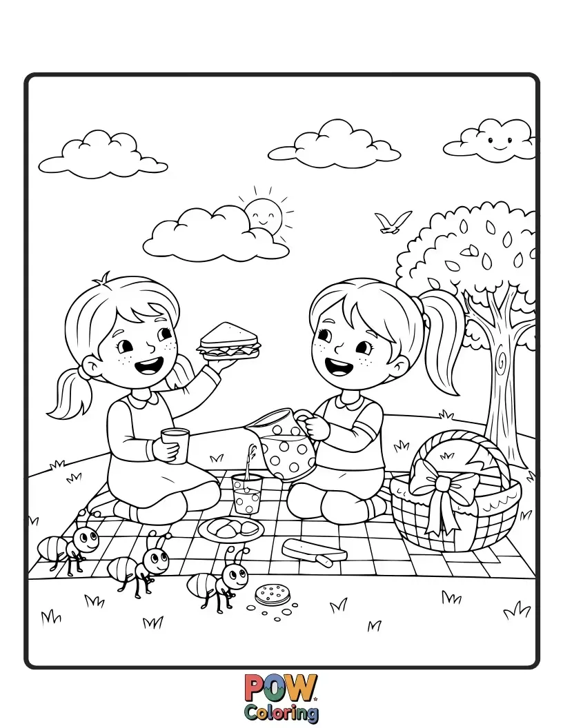 Free coloring page of Two sisters enjoying a delightful picnic in a sunny meadow, sharing tasty treats and laughter with woodland friends.