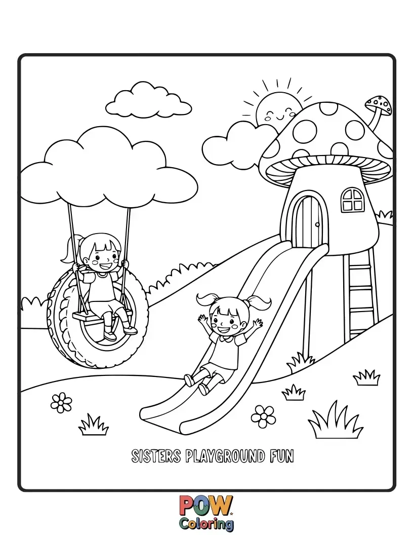 Free coloring page of Two sisters laughing and playing together on a vibrant playground with swings, slides, and happy energy.