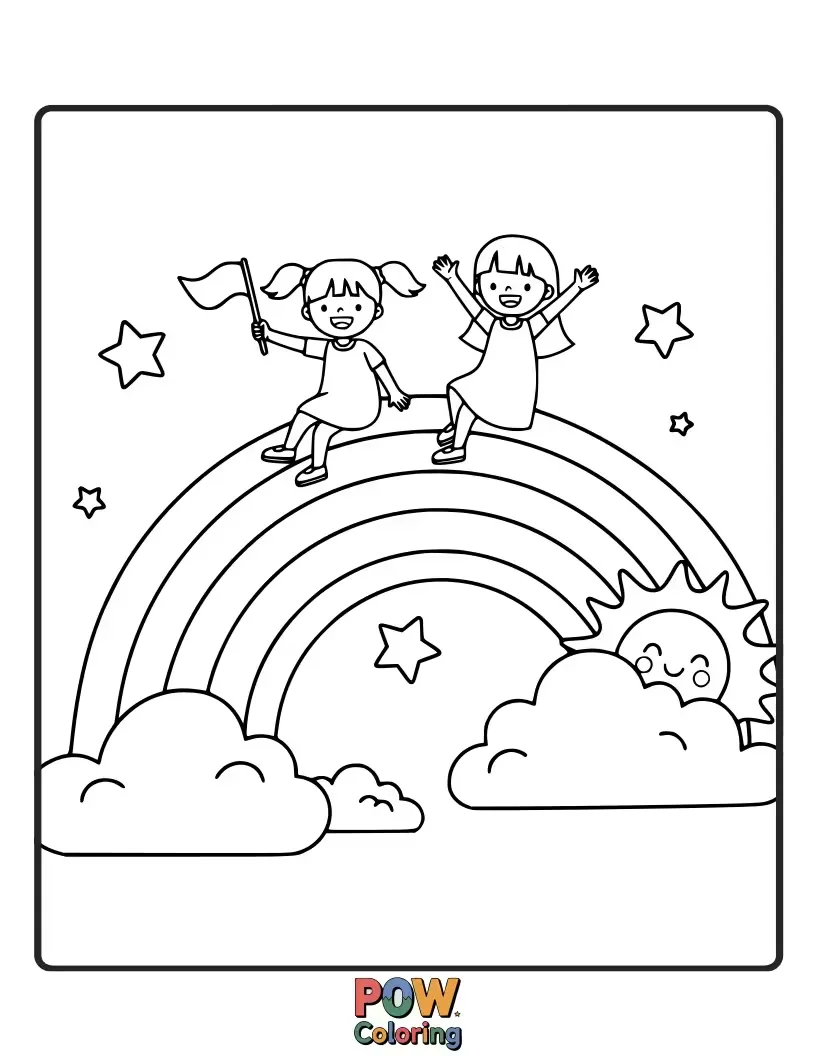 Free coloring page of Two sisters joyfully riding a giant, colorful rainbow like a slide, filled with laughter and sparkling trails.