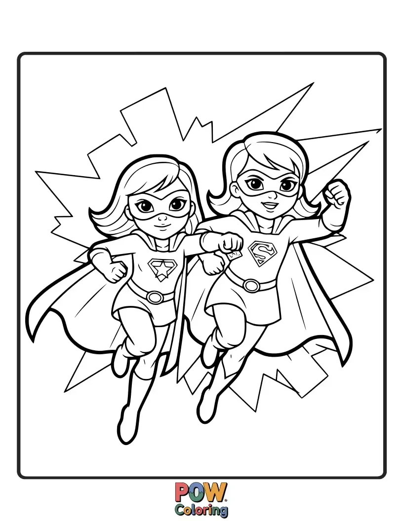 Free coloring page of Two sisters dressed as super-powered heroes, striking heroic poses and ready to save the day with crayons.