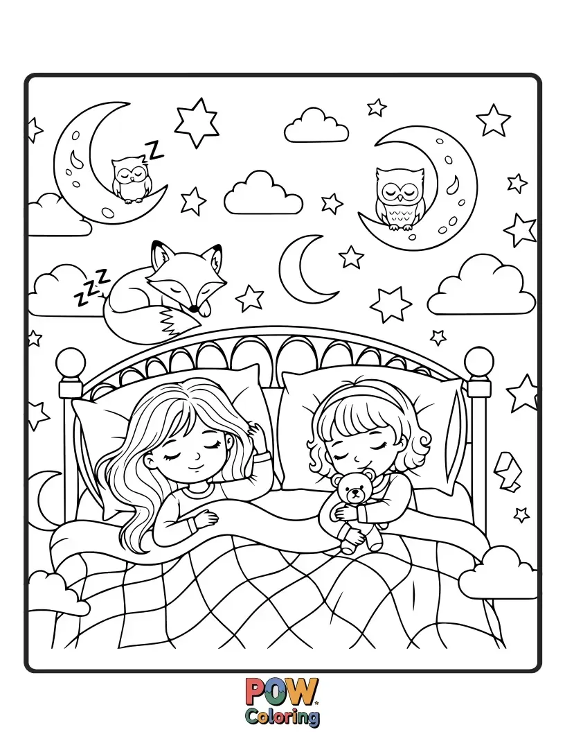 Free coloring page of Two sisters peacefully sleeping, surrounded by fluffy clouds, twinkling stars, and adorable dream-like characters.