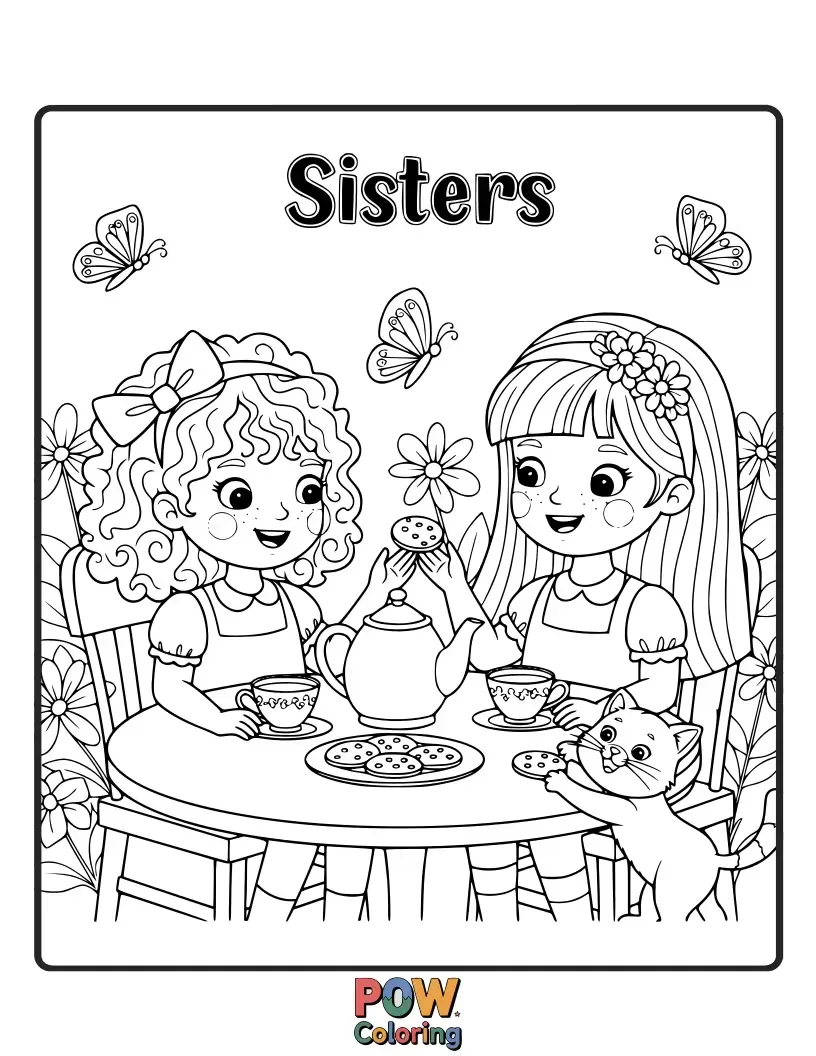 Free coloring page of A charming tea party scene with two sisters serving adorable animal guests tiny cups and sweet treats.