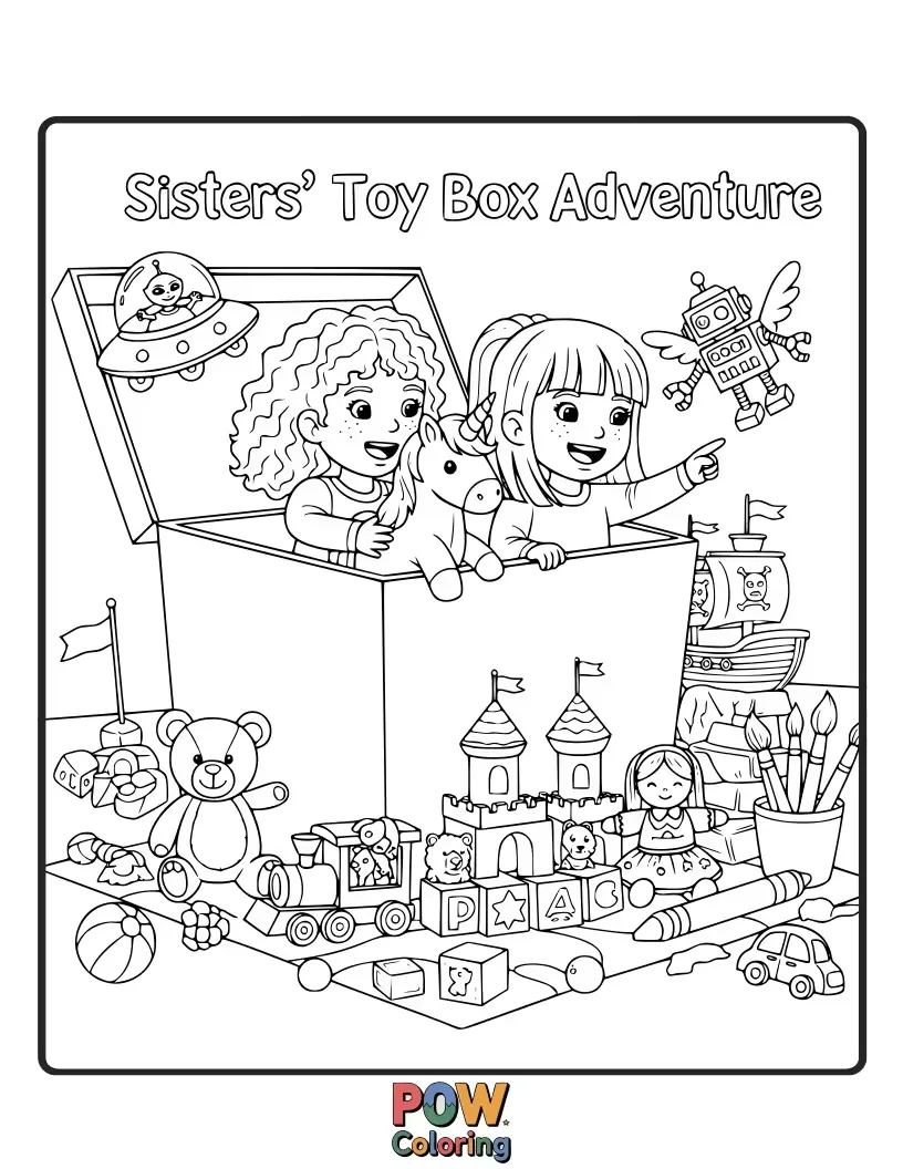 Free coloring page of Sisters digging through a treasure trove of toys, imagining epic adventures with dolls, cars, and building blocks.