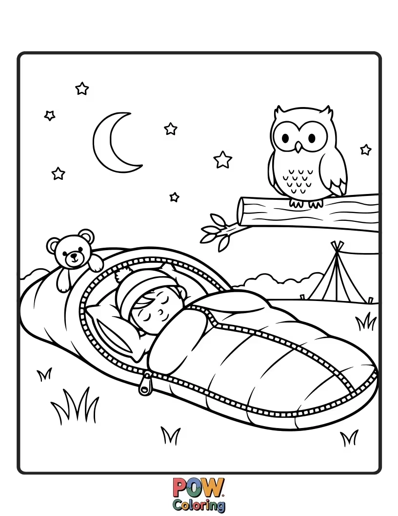 Free coloring page of A child nestled snugly in a sleeping bag inside a tent. Experience the comfort of a warm sleeping bag.