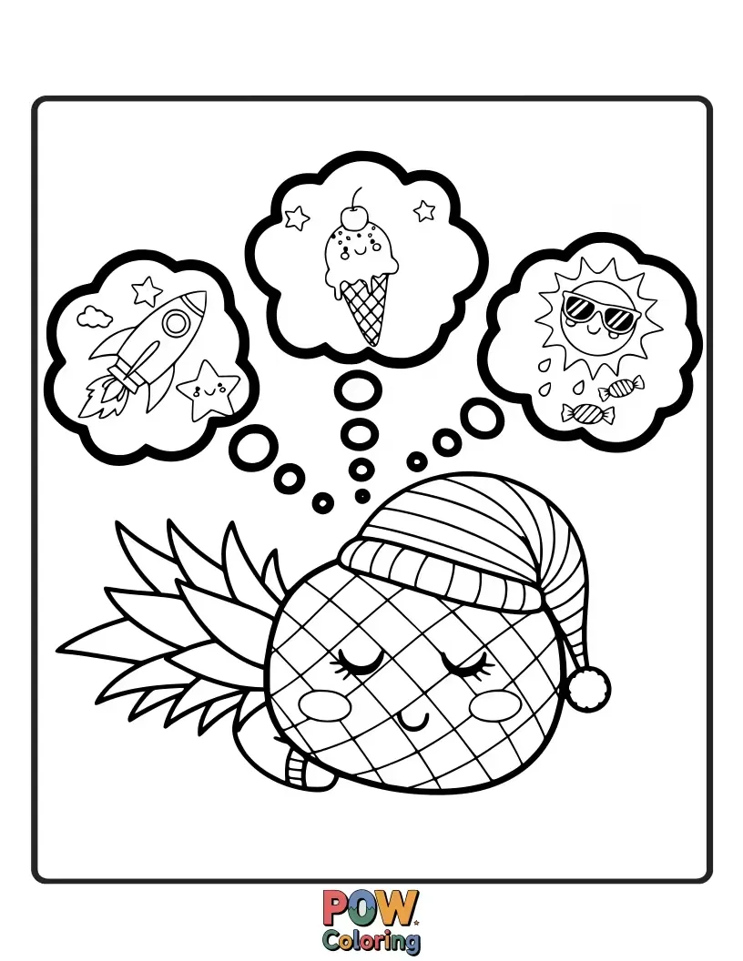 Free coloring page of A cuddly pineapple snoozing peacefully among fluffy clouds, dreaming sweet tropical dreams.