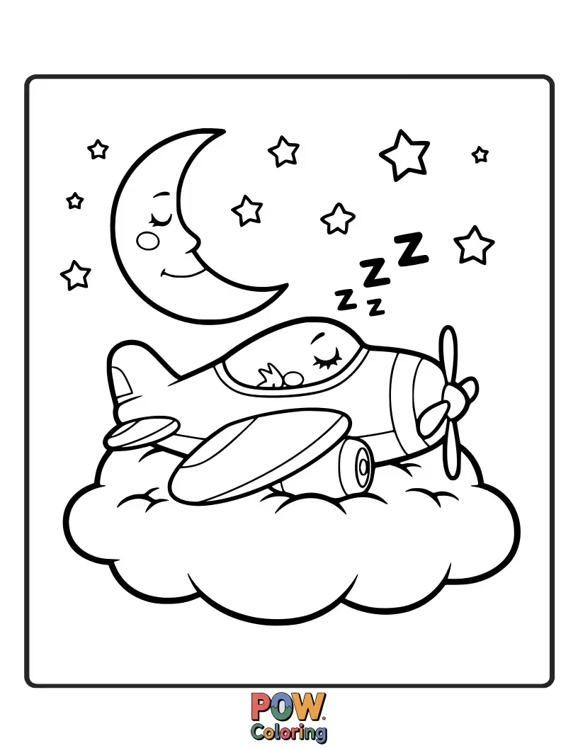Free coloring page of A comfy airplane with sleepy eyes is drifting off to dreamland, decorated with fluffy clouds and crescent moons.