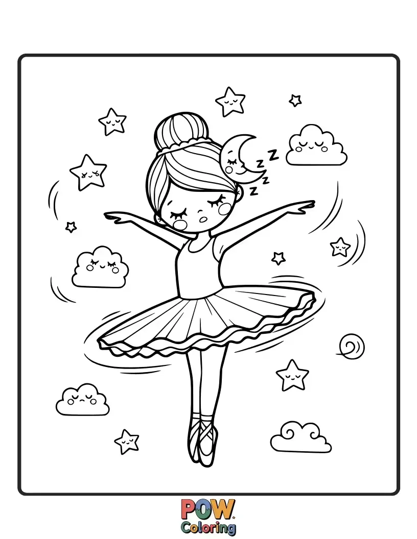 Free coloring page of A sleepy ballerina does a gentle twirl, a starry night sky her backdrop, a crescent moon her stage.
