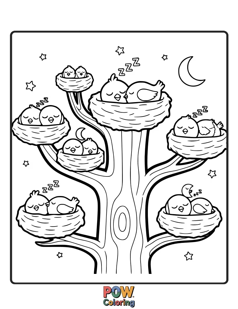 Free coloring page of Sweet, sleepy birds nestled cozily in beautifully crafted nests, dreaming peaceful dreams.