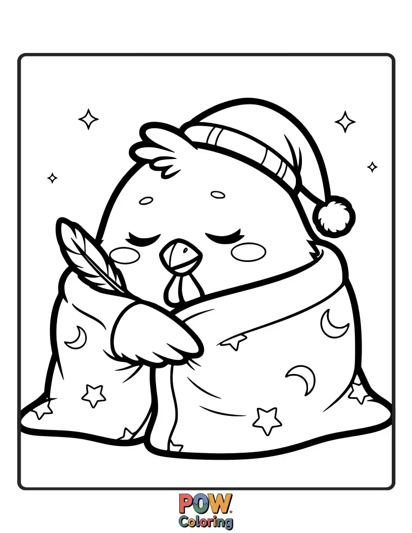 Free coloring page of A cozy chicken nestled in a fluffy cloud, dreaming sweet dreams. Use soft, pastel colors for ultimate comfort.