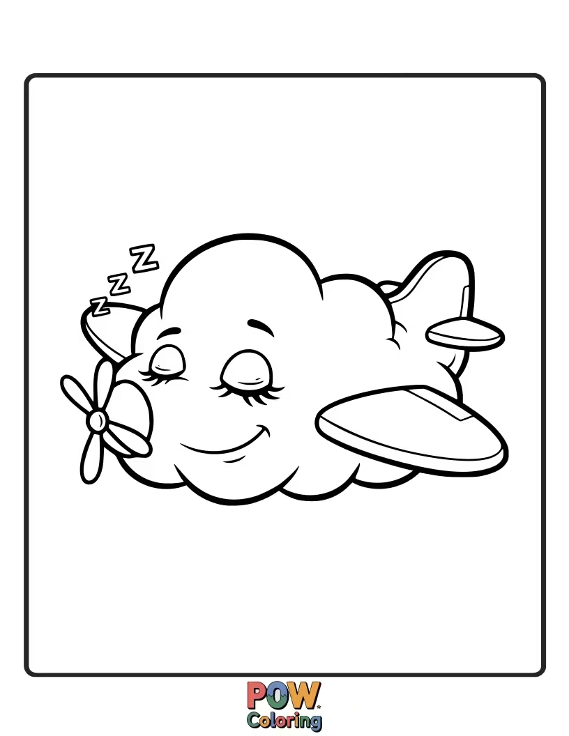 Free coloring page of A fluffy cloud shaped like an airplane, with sleepy eyes and a gentle smile, floating peacefully.