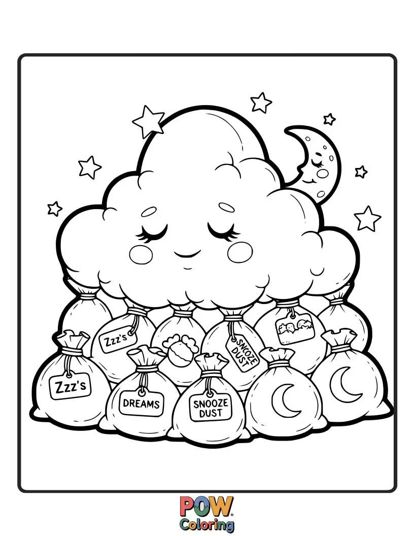 Free coloring page of Dreamy, sleepy cloud-shaped bags with gentle faces, perfect for peaceful coloring sessions and sweet dreams.