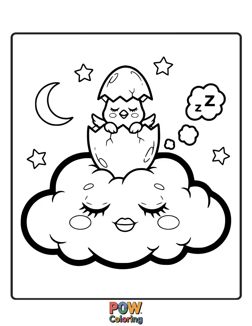 Free coloring page of A peacefully sleeping egg nestled on a fluffy cloud, with stars and a crescent moon around it, promoting calm coloring.