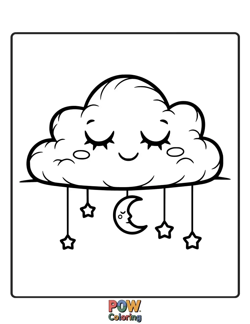 Free coloring page of A soft, fluffy cloud shaped into a hat, complete with gentle raindrops. Perfect for sweet dreams.