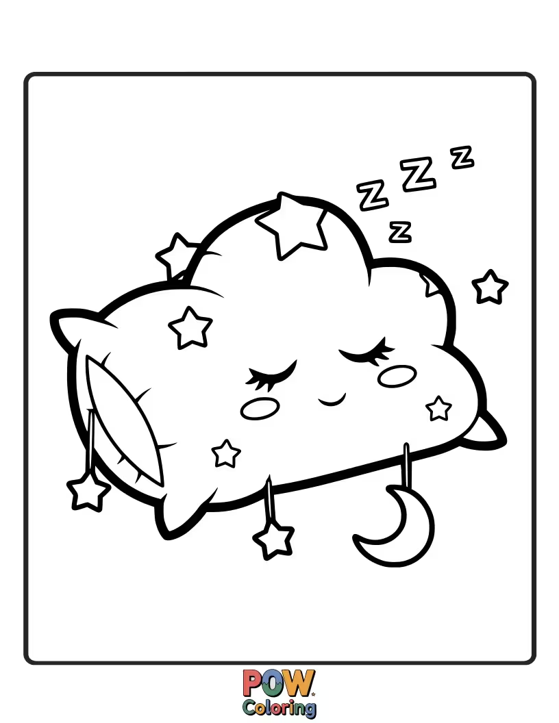 Free coloring page of A fluffy cloud pillow with closed eyes, drifting peacefully among stars. Perfect for a sweet, sleepy coloring experience.