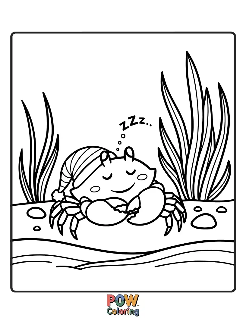 Free coloring page of A tiny, sleepy crab curled up in a comfy seashell, dreaming sweet ocean dreams.