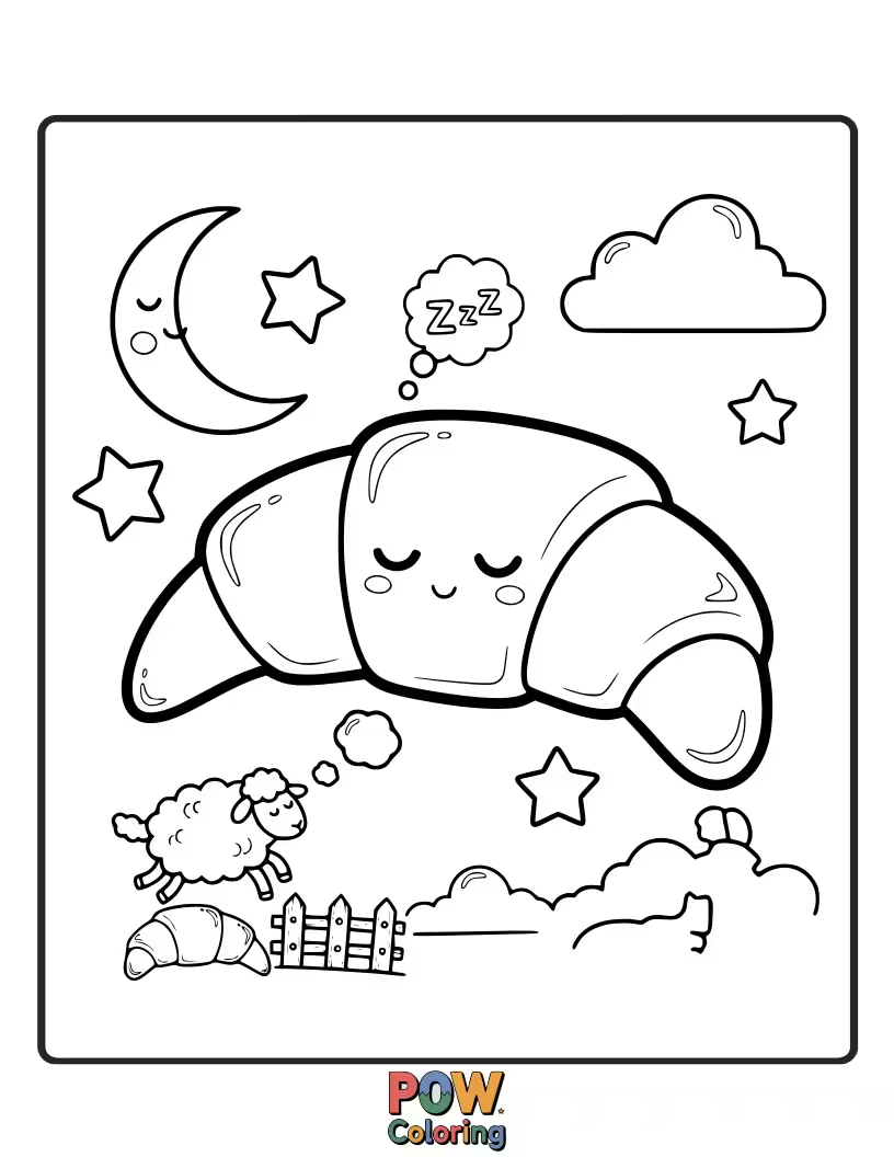 Free coloring page of Minimalist illustration of a sleeping croissant with closed eyes and gentle swirls.
