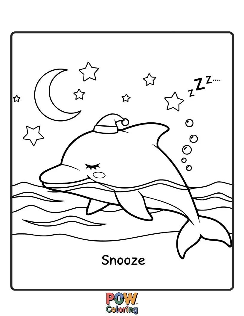 Free coloring page of This tired dolphin is taking a nap on a fluffy cloud, dreaming sweet dreams.