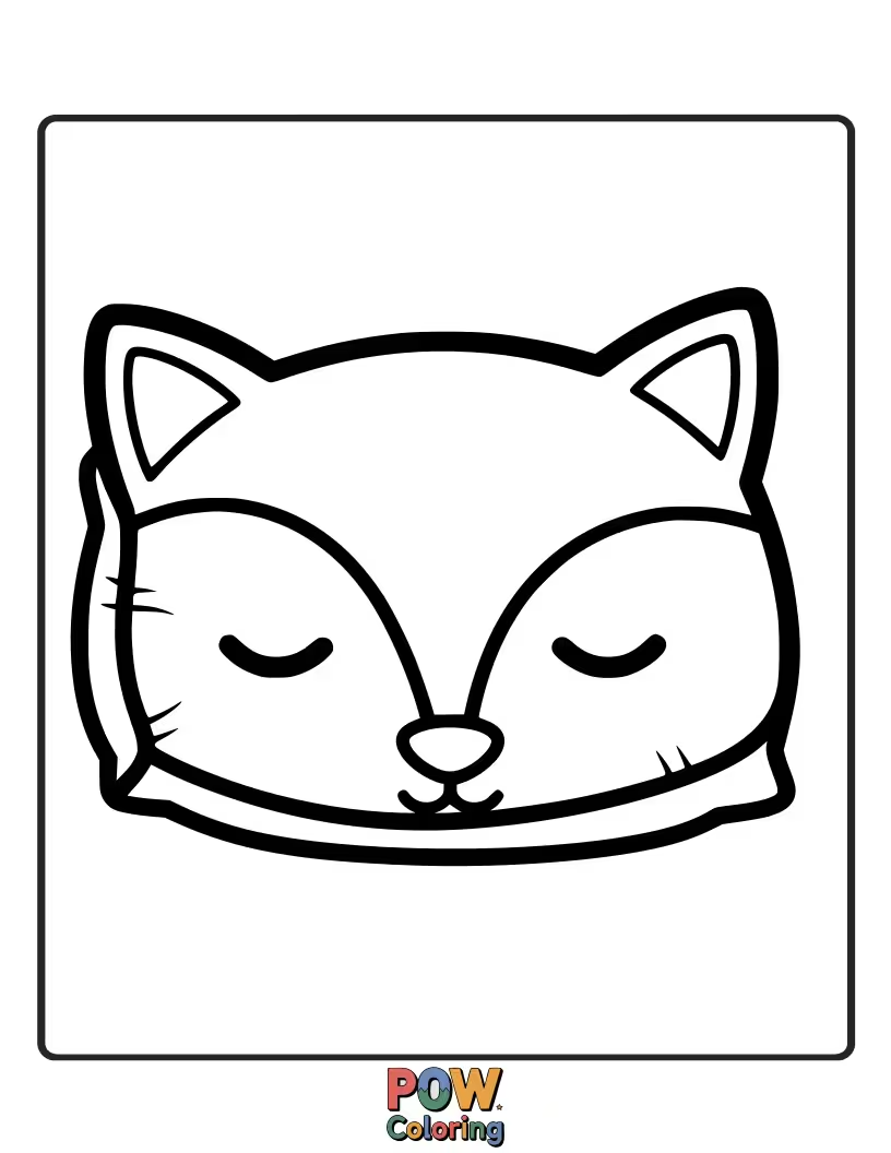 Free coloring page of A stylized fox face pillow, with its eyes gently closed. Color its bushy tail and peaceful slumber.