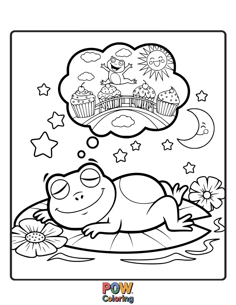 Free coloring page of A cozy frog is curled up asleep on a fluffy cloud, dreaming of tasty insects. Color this peaceful and sweet slumber!