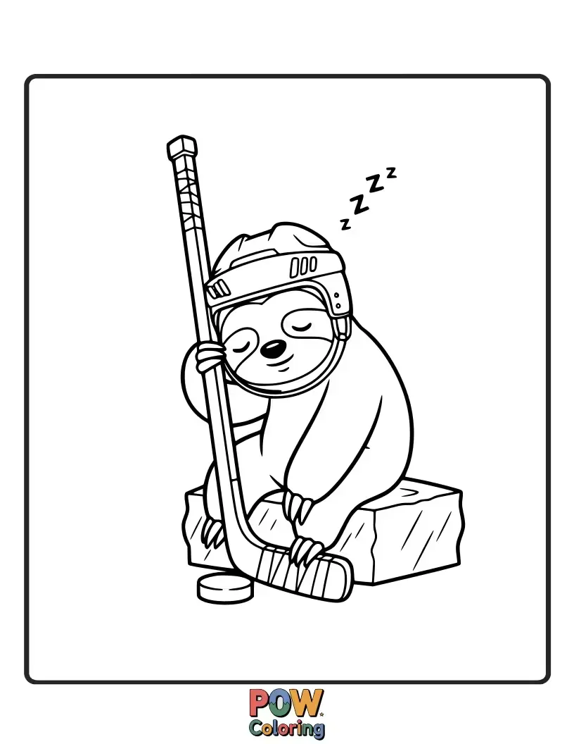 Free coloring page of A very slow-moving sloth attempts to play hockey, draped over a stick with a puck precariously balanced. Hilariously leisurely!