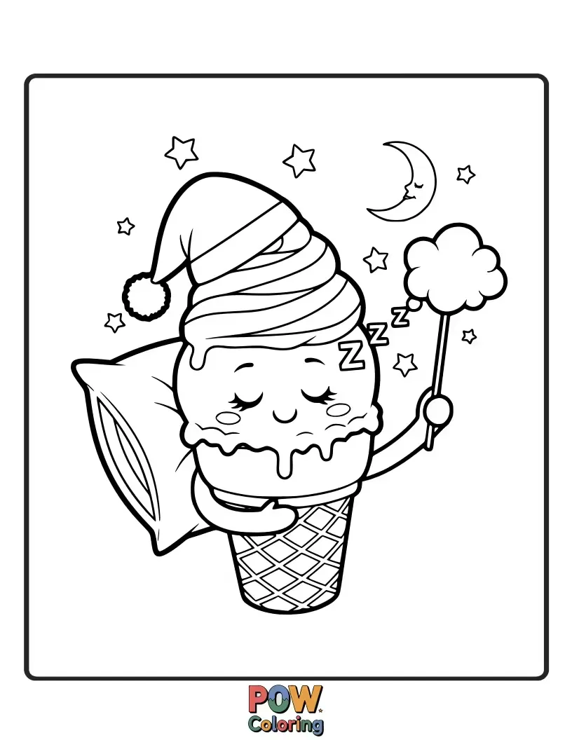 Free coloring page of A cozy ice cream cone snuggled under a blanket of whipped cream, fast asleep with a happy smile.