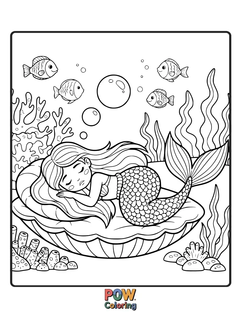 Free coloring page of A tired mermaid yawning, snuggled amongst soft kelp beds, dreaming of candy-colored fish and seashell pillows.