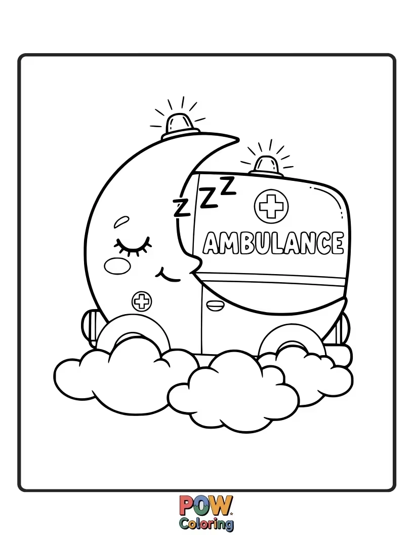Free coloring page of A gentle ambulance shaped like a crescent moon, carrying sleeping stars to dreamland.