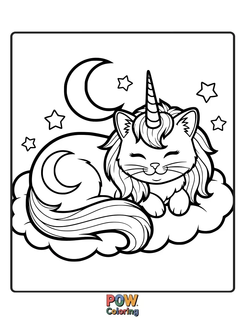 Free coloring page of A gentle unicorn cat curled up on a crescent moon, snoozing peacefully under a canopy of stars.