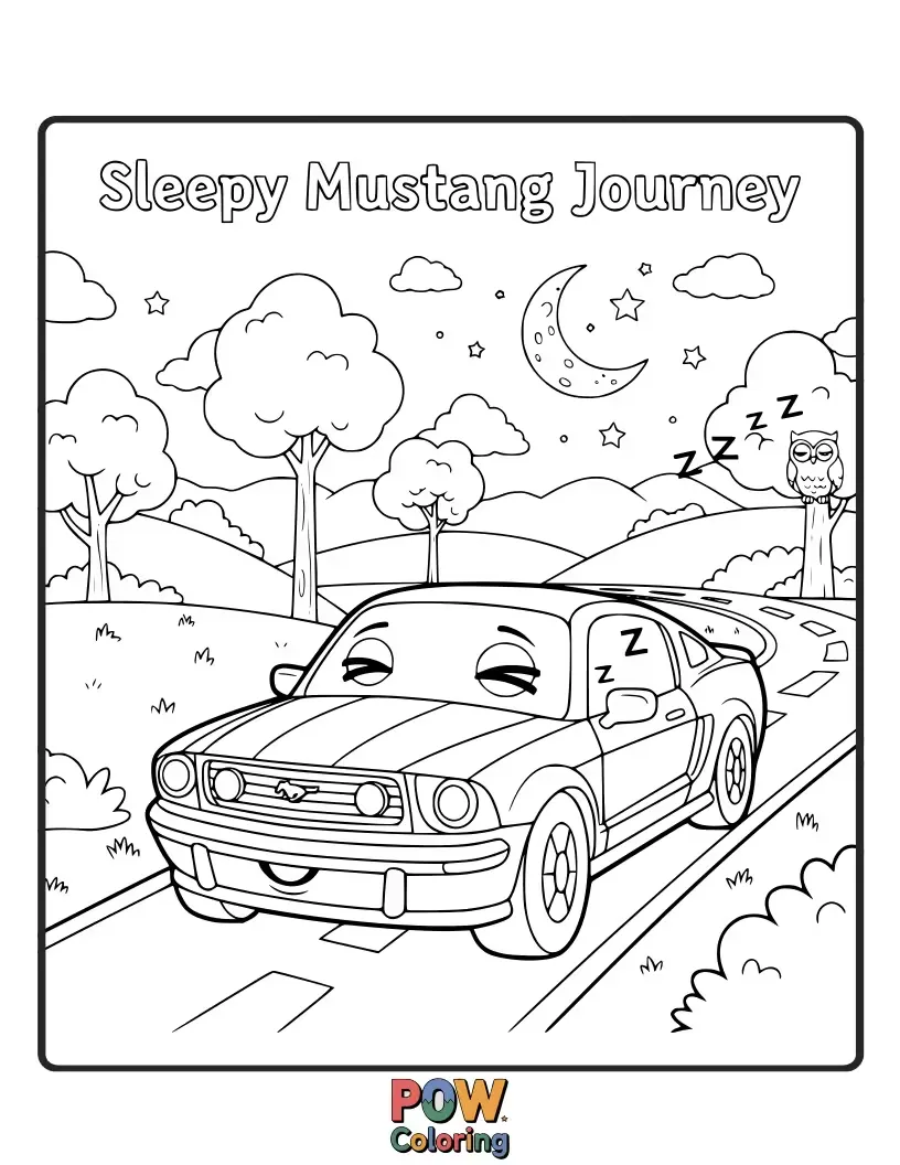 Free coloring page of A yawning Mustang car with a cozy blanket and pillow, taking a slow, peaceful drive.