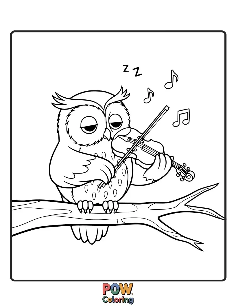 Free coloring page of A wise owl with spectacles plays a gentle lullaby on a violin to sleepy forest friends.