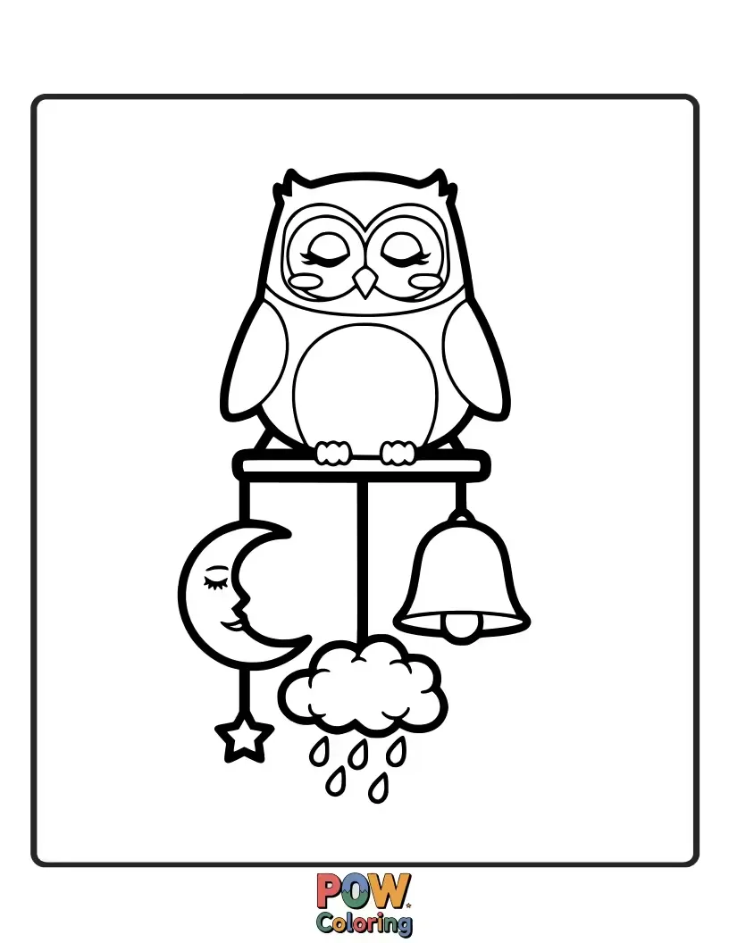 Free coloring page of A wise, sleepy owl perched near gentle wind chimes, enjoying the peaceful night.