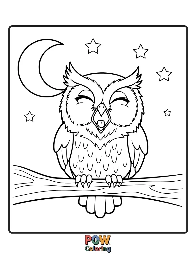 Free coloring page of A very tired owl stretching its wings and letting out a huge, adorable yawn.