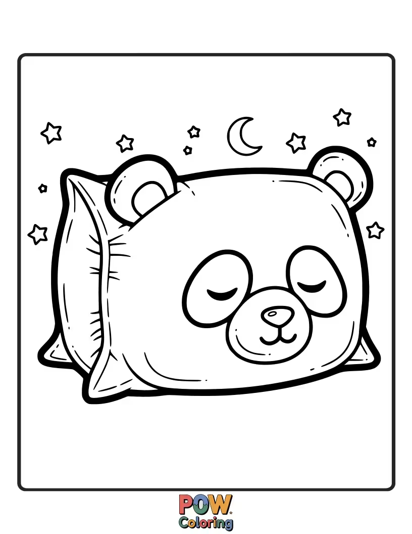 Free coloring page of A round pillow with a cute panda face, its eyes gently closed in slumber. Color its monochrome charm.