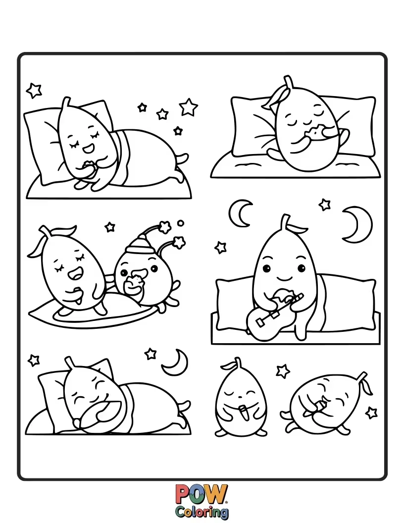 Free coloring page of A cozy pea pod filled with sleepy peas, each one wearing a tiny sleeping cap and dreaming sweet dreams.