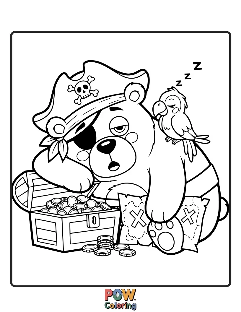 Free coloring page of A big, fluffy pirate bear snoozing in a hammock, dreaming of honey and buried loot.
