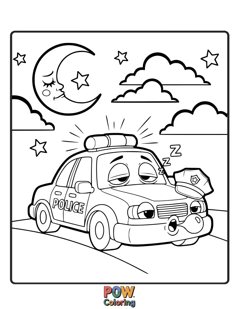 Free coloring page of Sleepy police car, tired, with sleepy eyes and a yawn, ready for a gentle patrol.