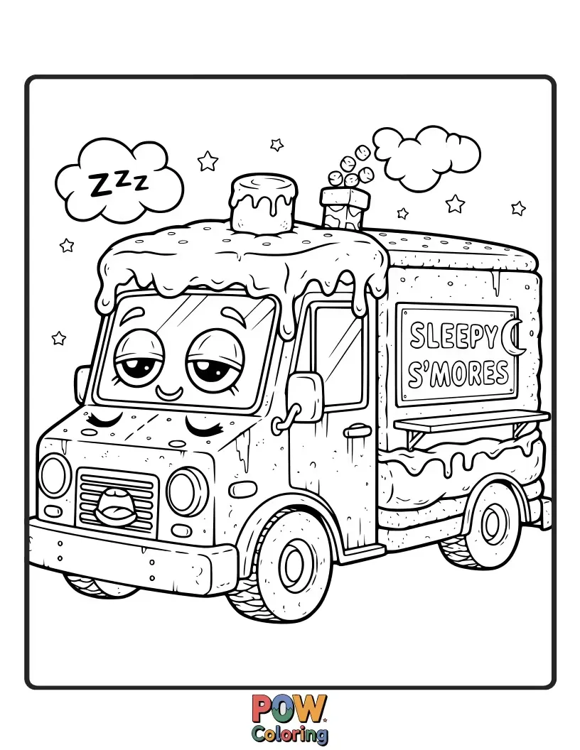 Free coloring page of A cozy and adorable food truck shaped like a marshmallow, serving gooey s'mores with a sleepy, sweet theme.