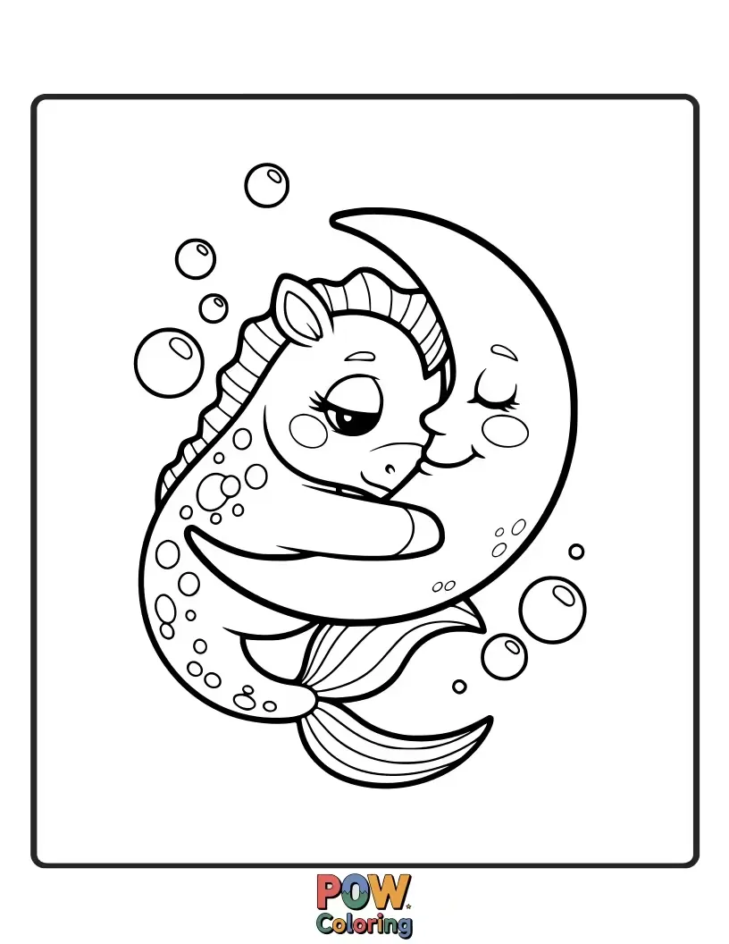 Free coloring page of A cozy seahorse curled up on a soft bed of kelp, peacefully fast asleep.