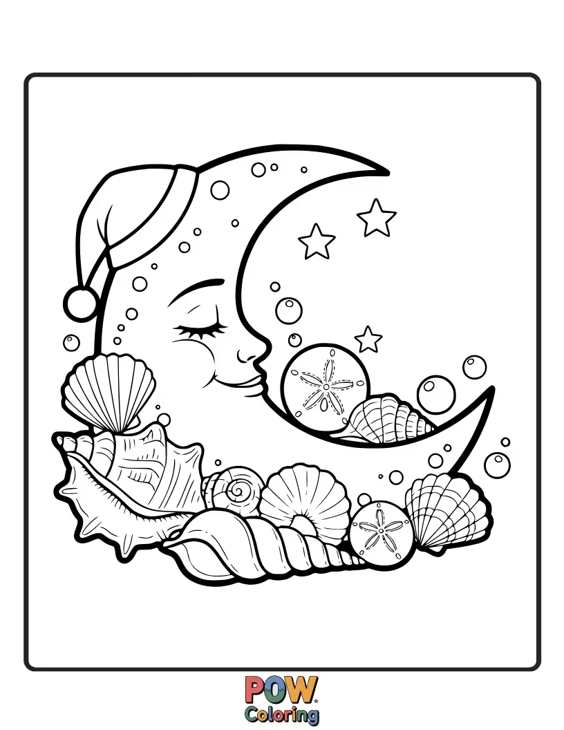 Free coloring page of A gentle moon shaped like a seashell, tucked into soft clouds, perfect for a dreamy coloring session.