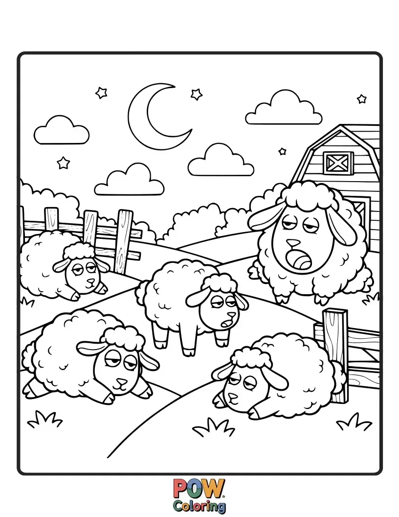 Free coloring page of Fluffy sheep counting colorful clouds drifting across a peaceful farm sky.