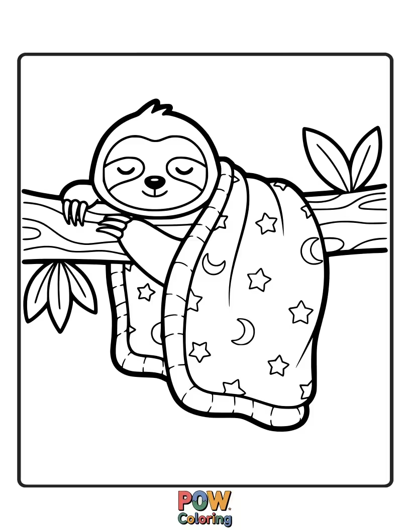 Free coloring page of A slow-moving sloth hanging from a branch, all cozied up in a relaxed blanket.