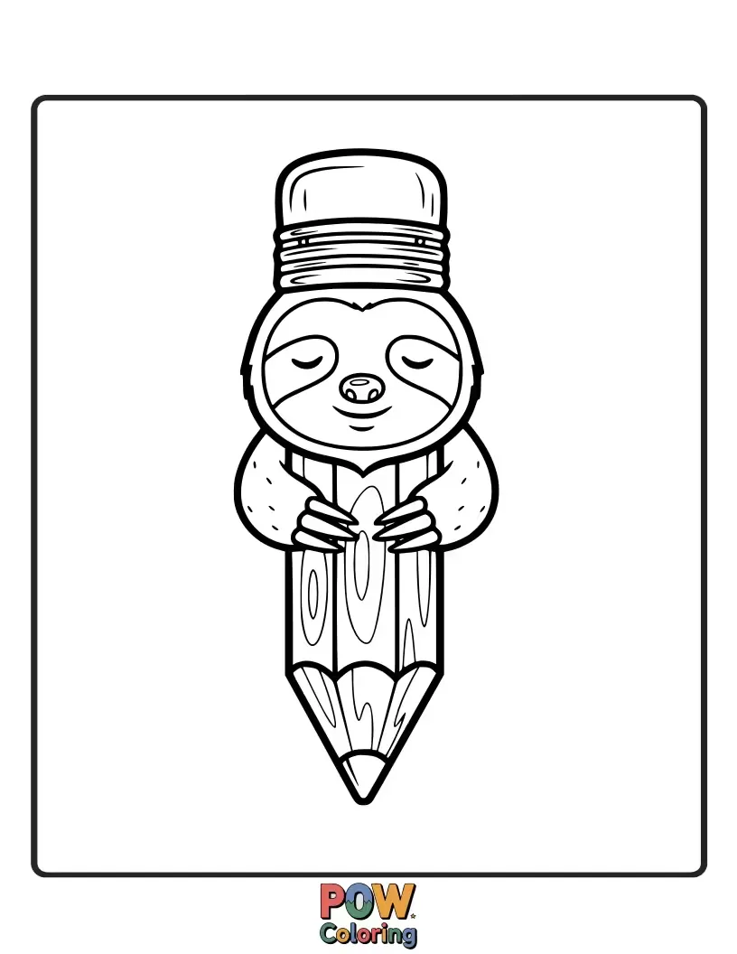 Free coloring page of A slow-moving, adorable sloth artistically holding a pencil, ready to create masterpieces at a leisurely pace.