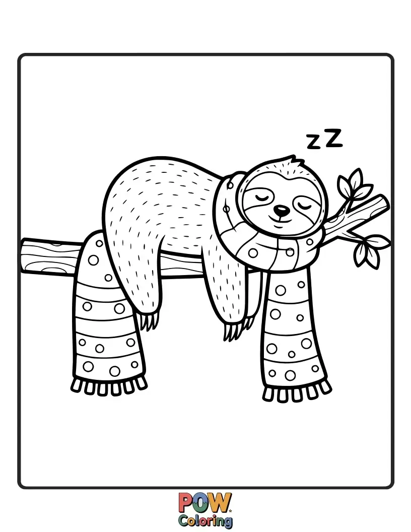 Free coloring page of A cozy sloth happily draped around a giant, knitted scarf. Slow down and color this super relaxed friend.