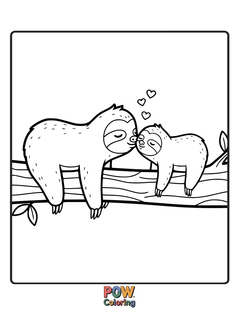 Free coloring page of Two slow-moving sloths are caught in a sweet, slow-motion kiss, surrounded by sleepy hearts and tiny flowers for Valentine's Day.