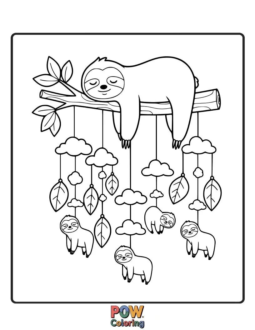 Free coloring page of A very relaxed sloth hanging lazily from a branch, enjoying slow-moving chimes.