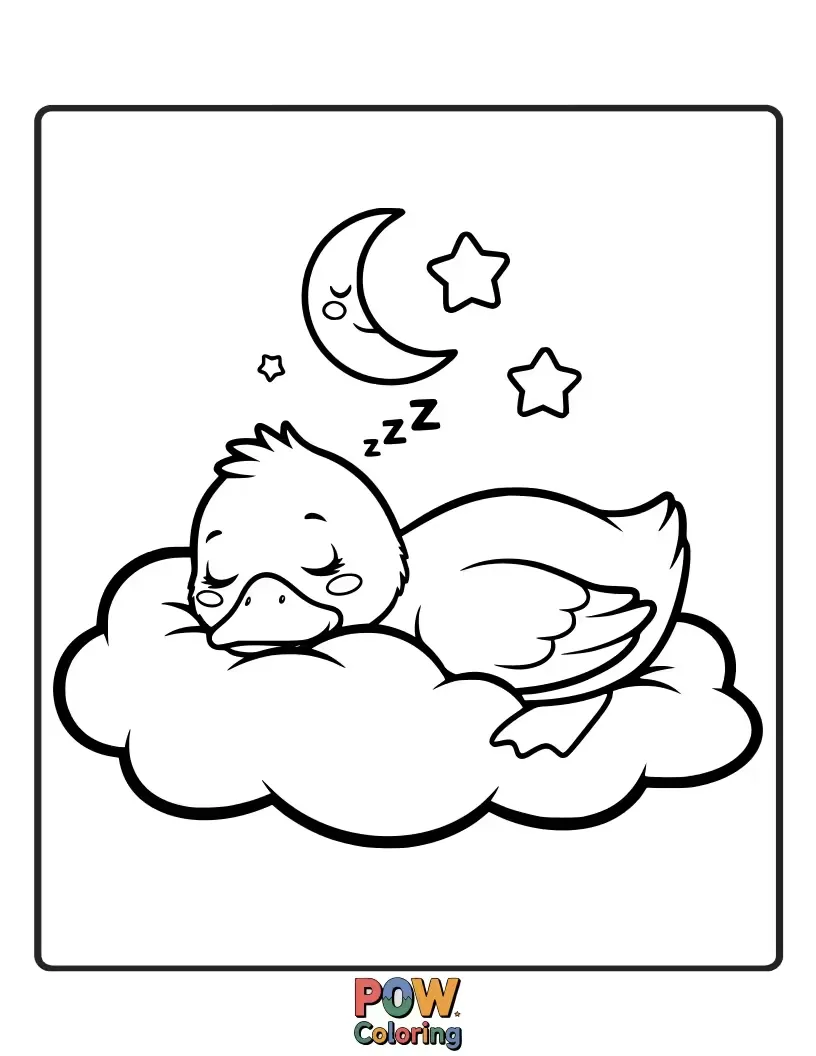 Free coloring page of A peaceful duck curled up asleep on a soft crescent moon, dreaming sweet dreams.
