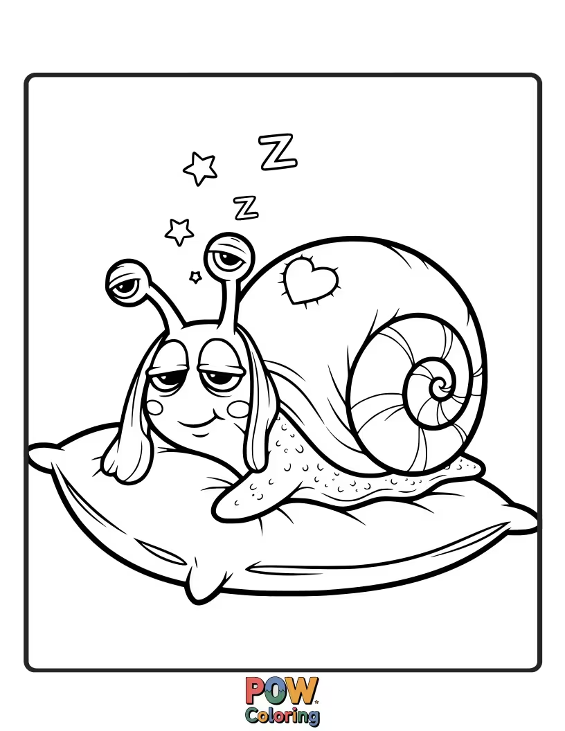 Free coloring page of A cute snail with its shell integrated into a soft pillow. Color its slow, peaceful journey across the page.