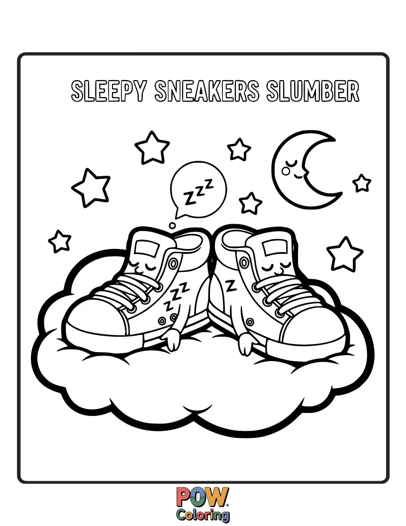Free coloring page of Two cute little sleepy sneaker slumber is having a sound sleep in clouds.