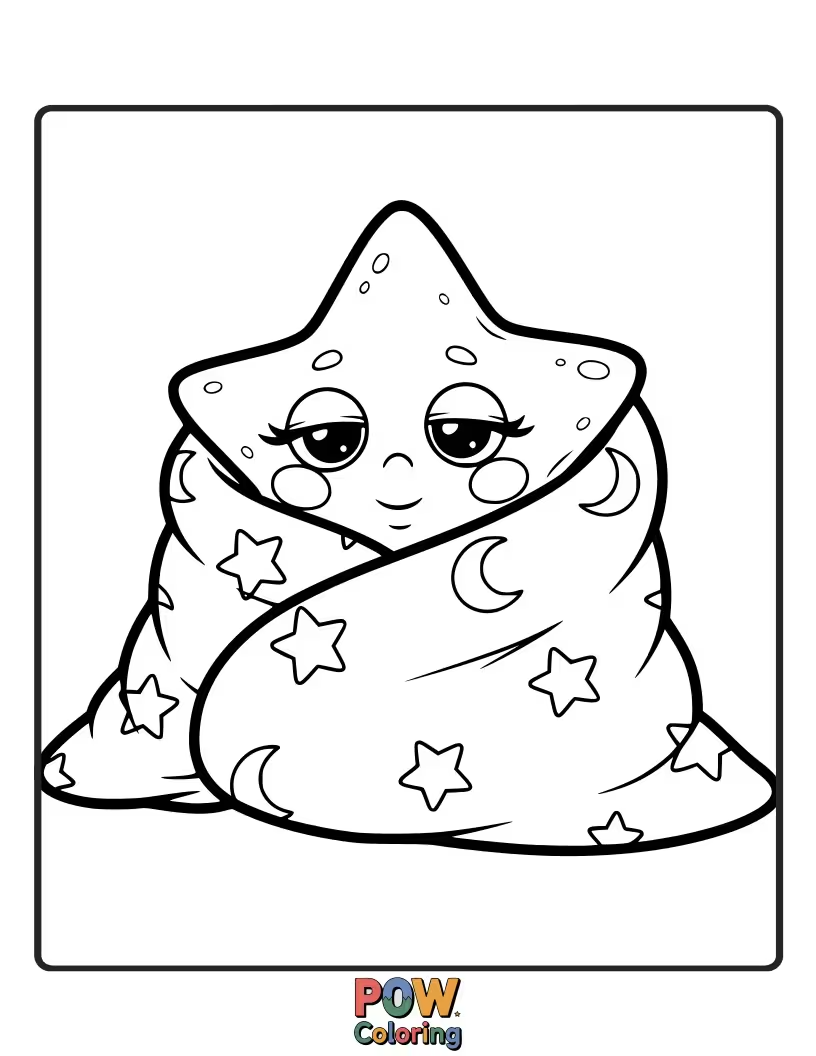 Free coloring page of A smiling crescent moon nestled in a pile of soft stars, all arranged like a comforting blanket.